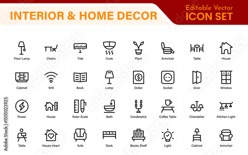 Elegant Interior and Home Decor Icons. A Stylish Set for Designing, Decorating, Renovating, and Enhancing Home Interiors with Visual Appeal