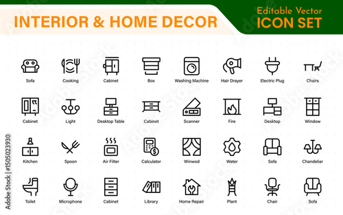 Elegant Interior and Home Decor Icons. A Stylish Set for Designing, Decorating, Renovating, and Enhancing Home Interiors with Visual Appeal