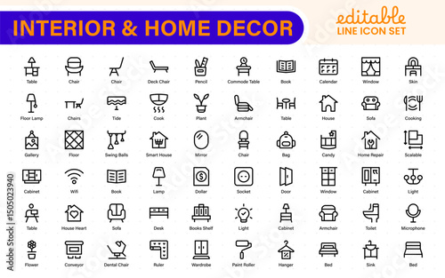 Elegant Interior and Home Decor Icons. A Stylish Set for Designing, Decorating, Renovating, and Enhancing Home Interiors with Visual Appeal