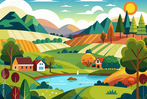 Picturesque Countryside Landscape. Serene Lake. Rolling Hills. and Farmhouses