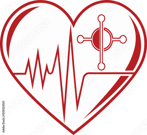 heartbeat and medical cross inside red heart shape representing health and cardiology