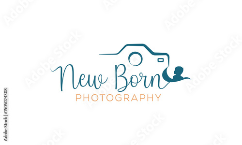 New Born photography unique studio logo, camera with little baby newborn photography signature logo Template