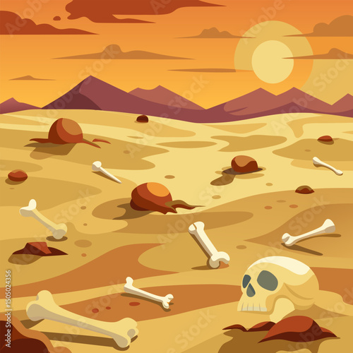 Desolate Desert Landscape. Sun.baked Sands and Scattered Bones