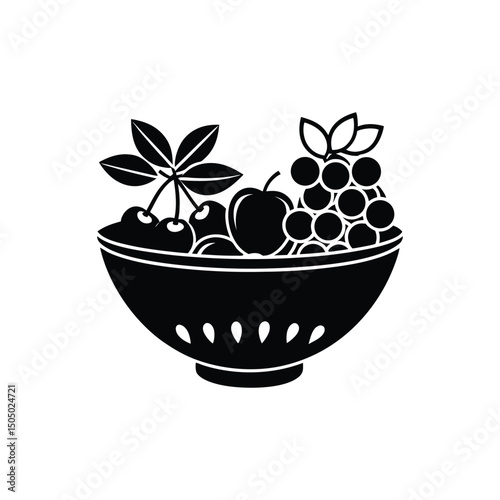 Flat and Minimal Bowl with Apple, grapes logo vector illustration isolated on white background