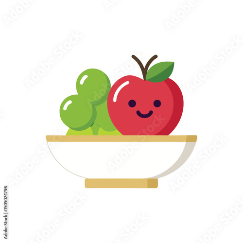 Flat and Minimal Bowl with Apple, grapes logo vector illustration isolated on white background