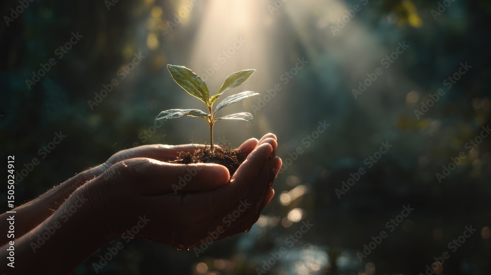 Fototapeta premium Nurturing Hope: A delicate seedling cradled in gentle hands, symbolizing growth, renewal, and the promise of a thriving future under the soft glow of sunlight.