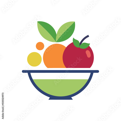 Flat and Minimal Bowl with Apple, grapes logo vector illustration isolated on white background