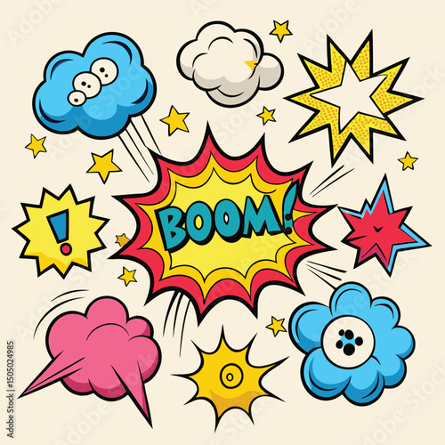 Cartoon comic sign burst clouds. Speech bubble, boom sign expression and pop art text frames. Comics mem expressions speech, superhero book bubbles label. Isolated vector symbols set 