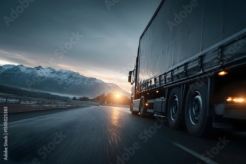 Long-haul delivery truck driving on a highway surrounded by open landscape under a clear sky photo