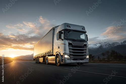 Long-haul delivery truck driving on a highway surrounded by open landscape under a clear sky photo