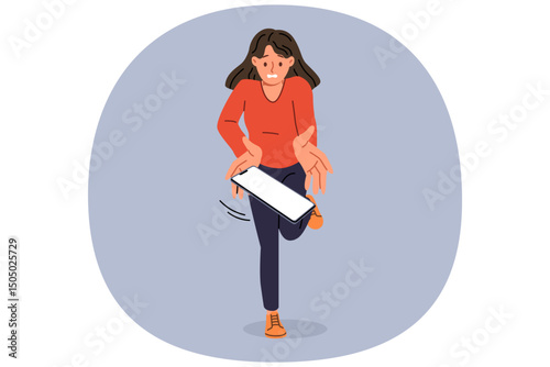 Woman drops phone due to carelessness and absent-mindedness, risking damage to gadget and breaking screen. Mobile smartphone falling because of carelessness girl who stumbled on street while walking