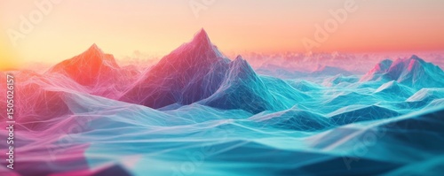 Abstract polygonal 3D mesh landscape, creating a futuristic sci-fi environment.