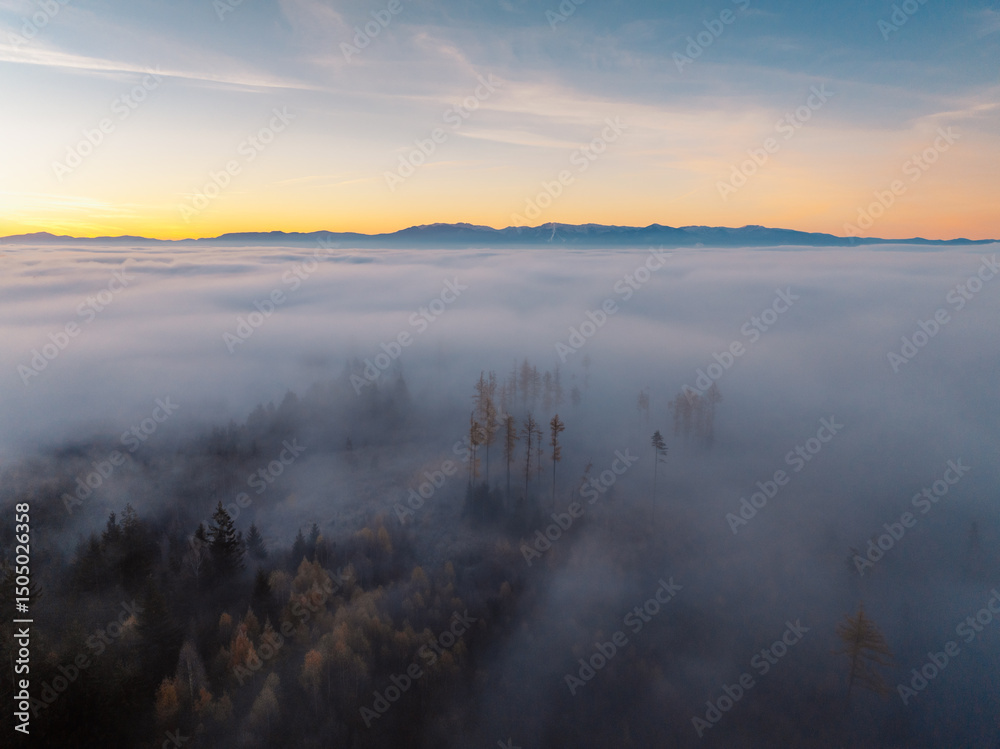 Fototapeta premium Misty morning in Liptov region with High Tatras mountains around. Liptovsky Mikulas landspace, slovakia.