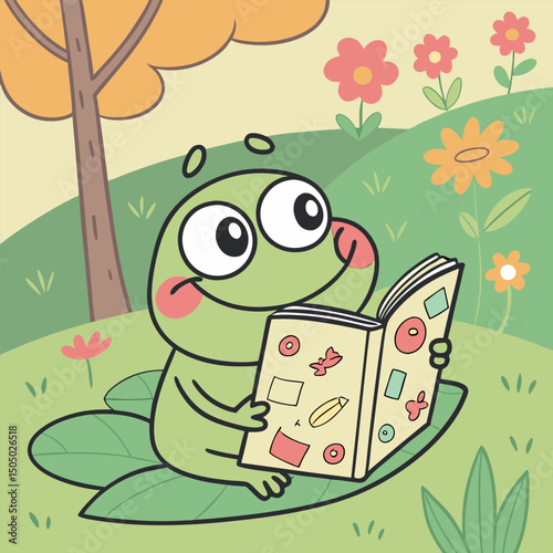A frog sits in a clearing with a book in her hand