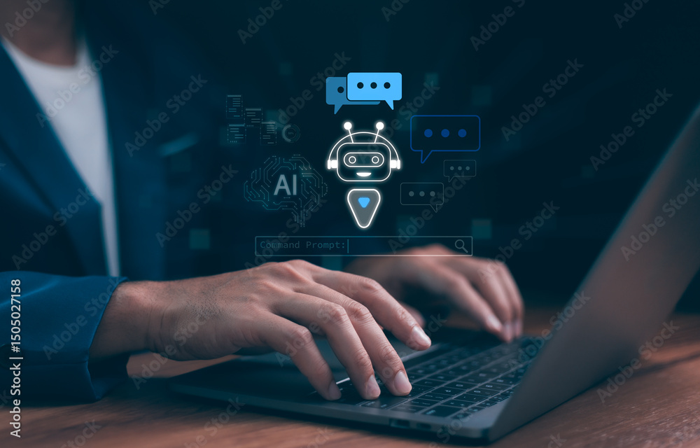 Man using hand AI, Artificial Intelligence to generate content. Text to image, speech, smart AI, by enter command prompt for generates something, Futuristic technology
