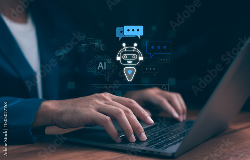 Obraz na płótnie Man using hand AI, Artificial Intelligence to generate content. Text to image, speech, smart AI, by enter command prompt for generates something, Futuristic technology w salonie