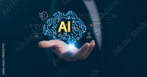 Obraz na płótnie Man using hand AI, Artificial Intelligence to generate content. Text to image, speech, smart AI, by enter command prompt for generates something, Futuristic technology w salonie