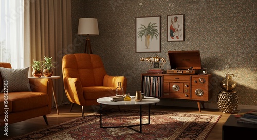 Sunlit Mid Century Modern Living Room with Vintage Record Player