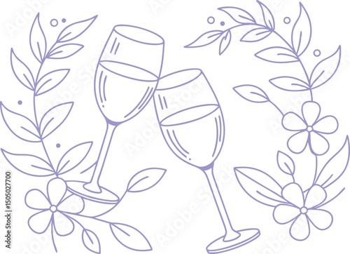 Romantic Line Art with Two Wine Glasses and Floral Elements – Elegant Hand Drawn Outline Illustration for Wedding Invitations, Celebration Themes, Greeting Cards, or Decorative Designs