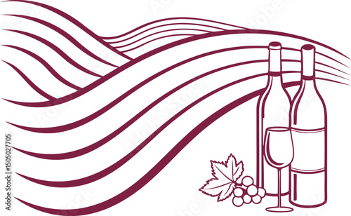Elegant wine-themed line art with two bottles, a glass, grape leaves, and flowing abstract waves. Perfect for vineyard branding, wine label design, or upscale packaging. Artistic and minimalist style.