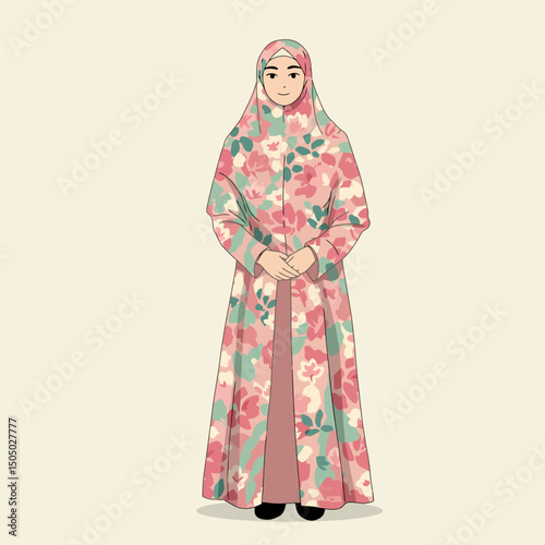Woman Wearing Floral Dress with Hijab in Standing Pose