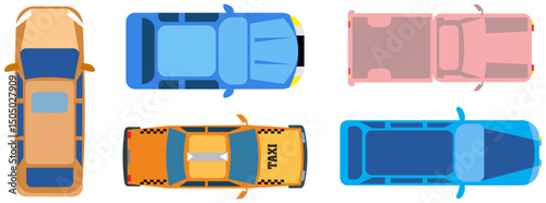 Cars top view icon set. Vehicle transport icons. Automobile car for transportation, auto car isolated. Multicoloured cars above. Street traffic and transport elements