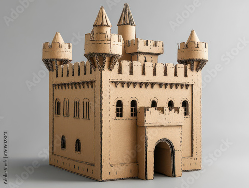Cardboard castle model with turrets and battlements, showcasing intricate design and craftsmanship. structure is made entirely of cardboard, highlighting creativity and resourcefulness