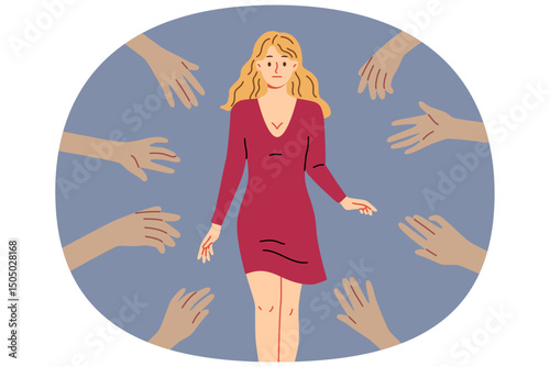 Hands of admirers reach out to woman idol, tired of attention of fans and lack of personal space. Girl idol in red dress feels discomfort due to sudden popularity caused by filming popular tv series.
