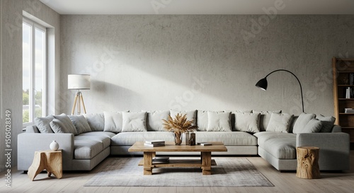 Modern Living Room with L-Shaped Sofa and Textured Walls