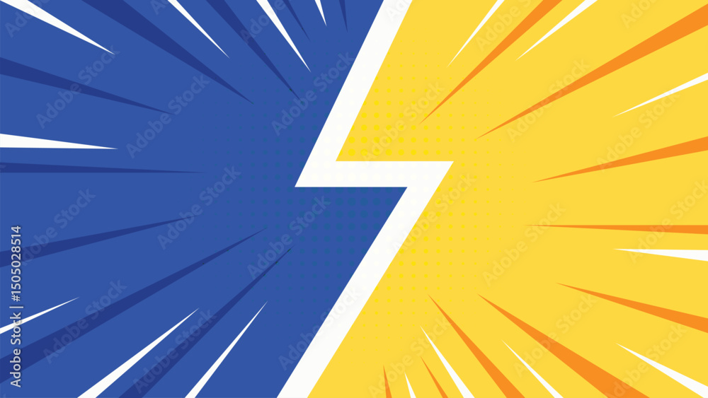 Fototapeta premium A dynamic background split diagonally with blue on the left and yellow on the right, featuring a white zigzag in the center and radiating comic-style lines.