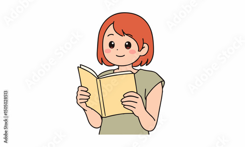 cute woman reading book cartoon illustration