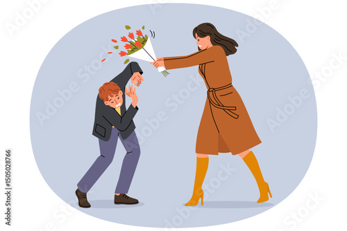 Woman hits groom with bouquet because of betrayal and finding out fact of adultery. Conflict between man and angry girlfriend, reacting negatively to advances or gifts, after adultery
