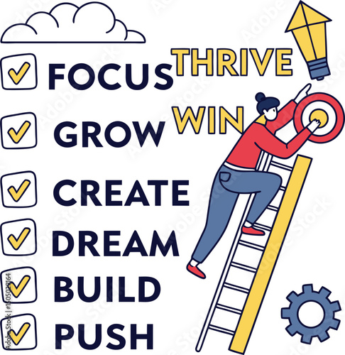 focus grow create dream build push thrive win motivation success goal ladder step