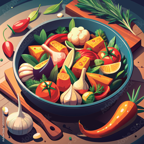 Colorful vegetable medley in a pan.
