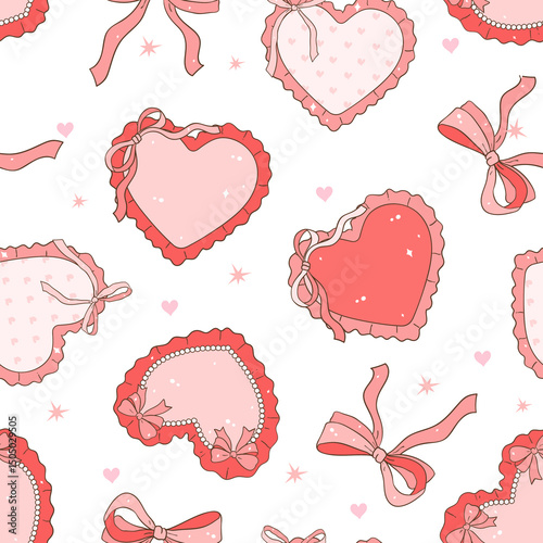 Romantic Pink Heart Seamless Pattern with Bows, Valentine’s Day Background