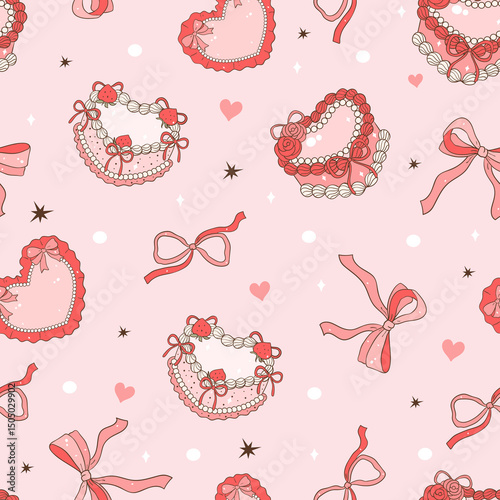Valentine Heart Cake and Bow Seamless Pattern, Pink Romantic Background