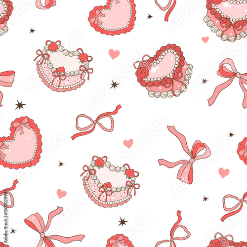 Valentine Heart Cake and Bow Seamless Pattern, Pink Romantic Background