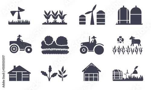 Farm agriculture flat icons set including tractor with farmer, crop field, silo, greenhouse, windmill, barn, plant growing, flowers, and horse silhouette vector pictogram collection