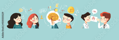 Flat minimalist vector illustration of psychological consultation and brain health therapy session with patient and doctors showing mental health care concept and treatment icons