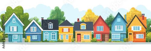 Row colorful suburban houses with various architectural styles and autumn trees in flat minimalist vector illustration for neighborhood concept