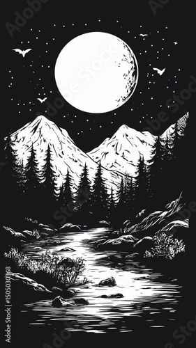 Black and white minimalist vector illustration of full moon over pine forest with river flowing through rocky mountains under starry night sky and flying bats and birds