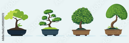 Set of four minimalist bonsai trees in rectangular and oval pots with green foliage and stylized flat vector design on light background