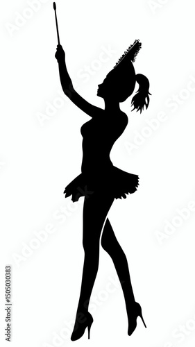 Silhouette of female majorette in high heels holding baton wearing feathered headdress and tutu performing marching band routine isolated on white background vector