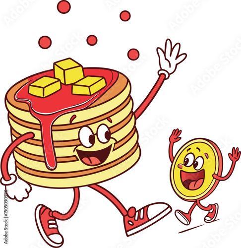 funny pancake with syrup and butter walking with happy coin cartoon vector art