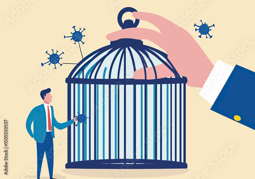 Hand unlocking birdcage cage with businessman holding virus symbol coronavirus reopening economy restart business concept flat vector illustration