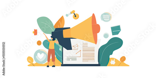 Young person using megaphone to amplify business marketing messages with laptop charts and social media icons in flat minimalist style vector illustration