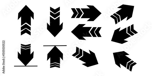 Arrow icons set featuring bold black chevron-style directional arrows in multiple directions for infographic, interface, web design, and digital graphics