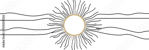 Minimalist abstract sun with wavy rays and horizontal lines in continuous line art style on white background vector illustration for design and decoration
