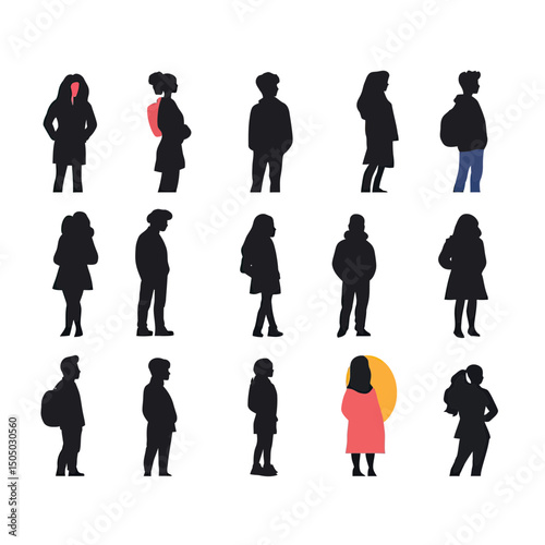 Silhouettes of diverse standing people with backpacks and coats in flat minimalist style on white background for urban lifestyle and social diversity concept