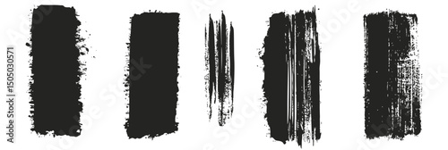 Set of black grunge paint brush strokes and textured distressed banners with rough edges isolated on white background vector illustration